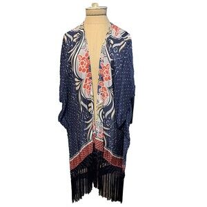 Chico's Kimono Cover Up 3/4 Sleeve Blue Floral Hawaiian Silk Blend Fringe S/M